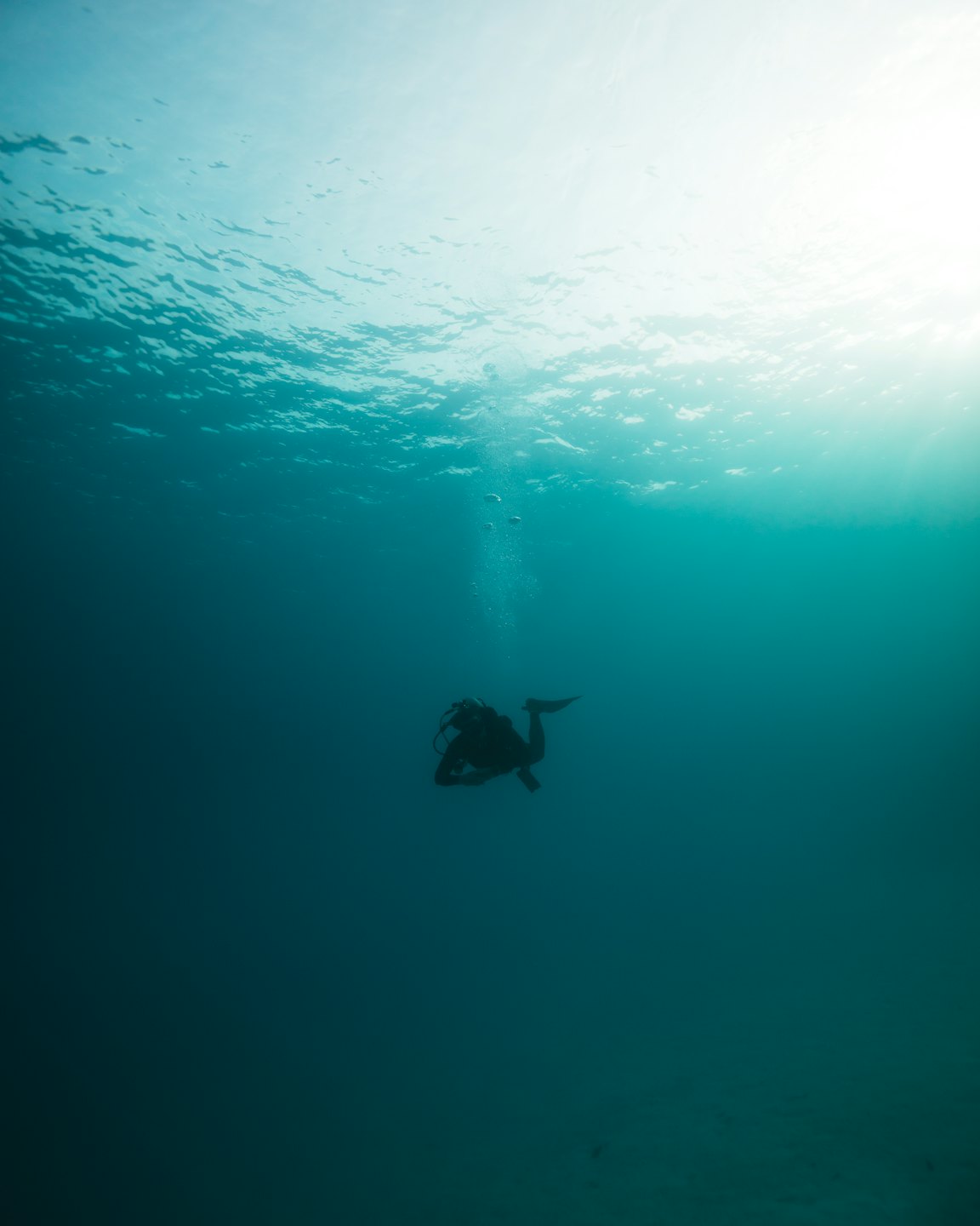 Een duiker zwemt met opstijgende bubbels door de oceaan.